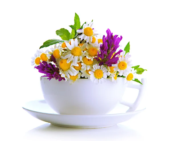 Beautiful wild flowers and mint in cup, isolated on white — Stock Photo, Image