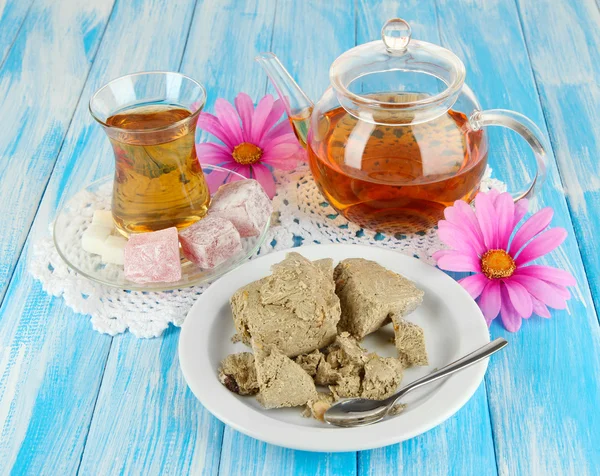 Tasty halva with tea on table — Stock Photo, Image