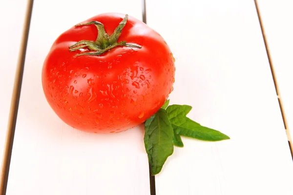Fresh tomato on white wooden background — Stock Photo, Image