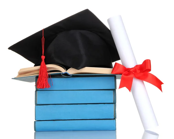 Grad hat with diploma and books isolated on white — Stock Photo, Image