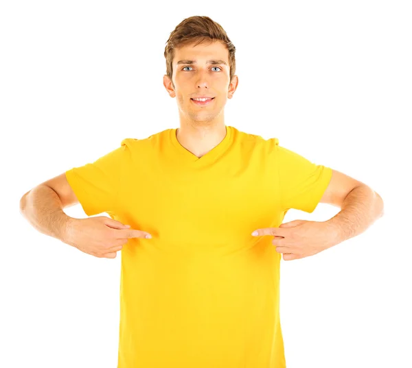 T-Shirt auf jungen Mann isoliert auf weiß — Stockfoto