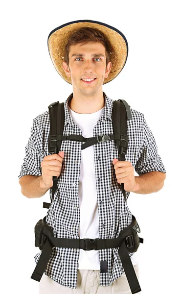 Homem jovem caminhante turista, isolado em branco — Fotografia de Stock