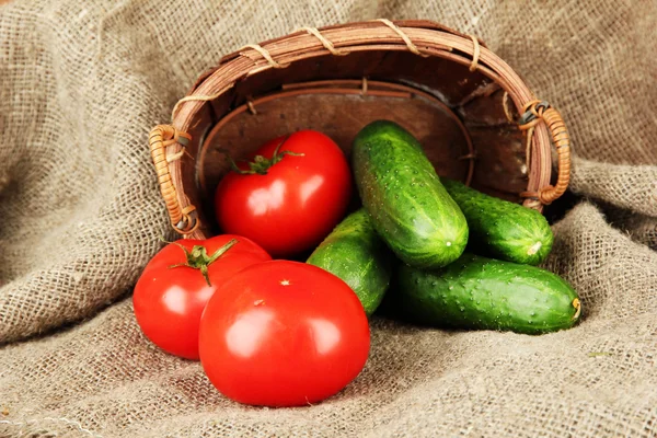 Smakelijke groene komkommers en rode tomaten in mand, op rouwgewaad achtergrond — Stockfoto