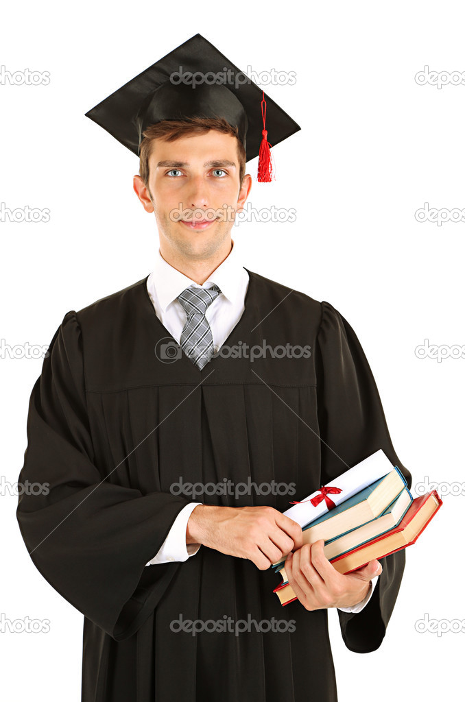 Young graduation man holding diploma and books, isolated on white