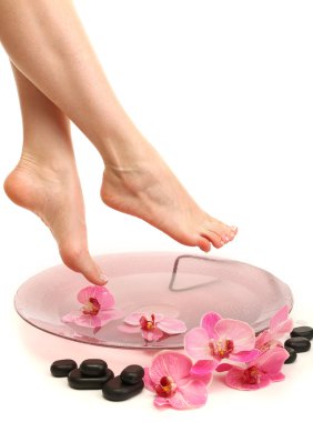 spa kase su, üzerinde beyaz izole kadın ayakları