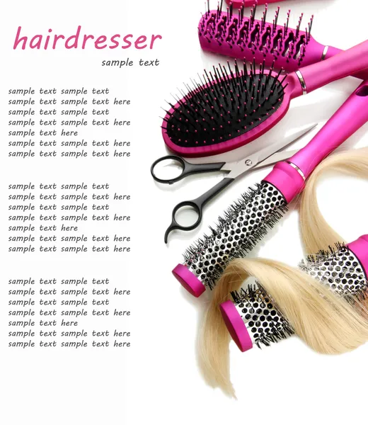 Comb brushes, hair and cutting shears, isolated on white — Stock Photo, Image
