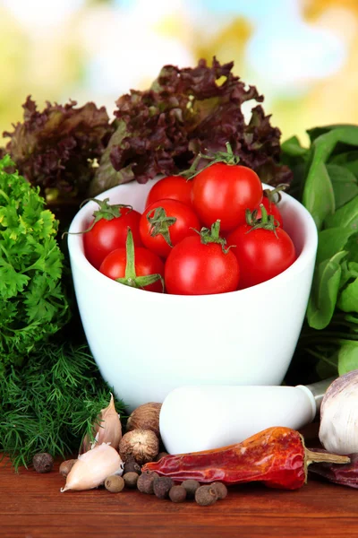 Komposition aus Mörser, Gewürzen, Tomaten und grünen Kräutern, auf hellem Hintergrund — Stockfoto