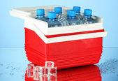 Utazás hűtőszekrény üveg víz és a jég-kocka, a kék háttér