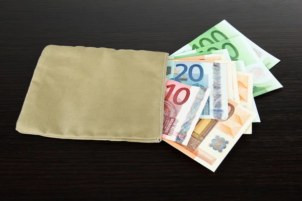 돈 나무 배경에 다른 유로 지폐의 가방 — 스톡 사진