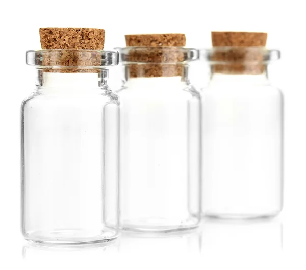 Empty little bottles with cork stopper isolated on white — Stock Photo, Image