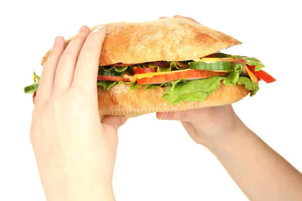 Sandwich fresco y sabroso con jamón y verduras en manos aisladas sobre blanco — Foto de Stock