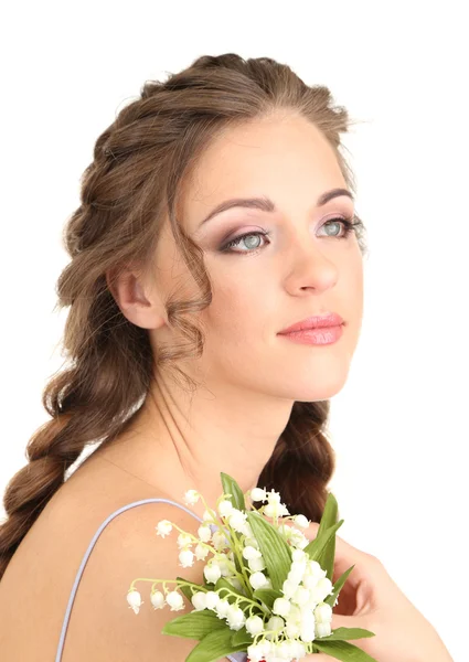 Jovem com belo penteado e flores, isolado em branco — Fotografia de Stock