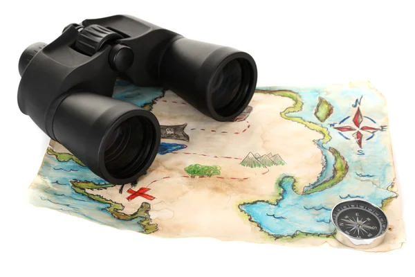 Black modern binoculars with map of adventure isolated on white — Stock Photo, Image