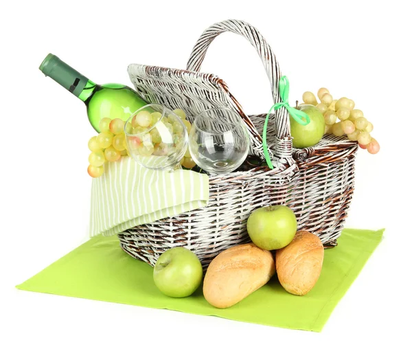 Picnic basket with fruits and bottle of wine, isolated on white — Stock Photo, Image