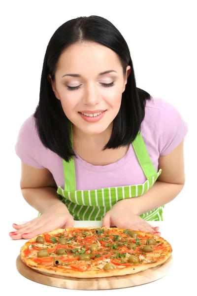 Mädchen Hausfrau mit leckerer Pizza isoliert auf weiß — Stockfoto