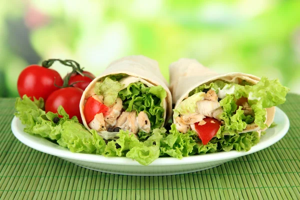 Kebab - grilled meat and vegetables, on bamboo mat, on bright background — Stock Photo, Image