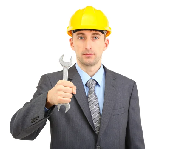 Joven hombre de negocios en casco con llave inglesa aislada en whit — Foto de Stock