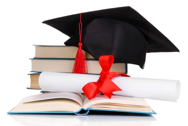 Grad hat with diploma and books isolated on white — Stock Photo, Image