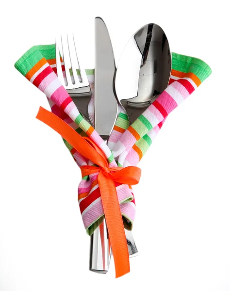 Fork spoon and knife in napkin isolated on white — Stock Photo, Image