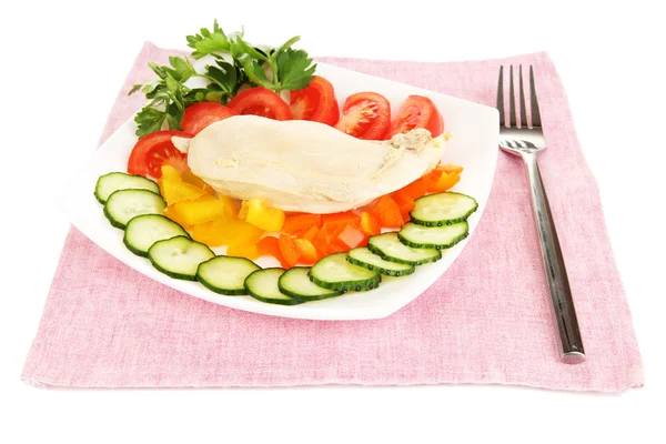 Boiled chicken breast on plate with vegetables close up — Stock Photo, Image
