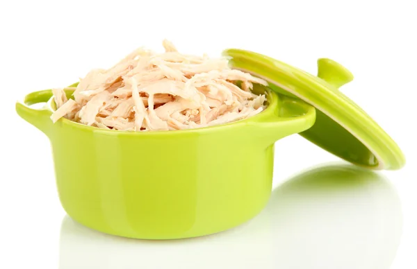 Shredded boiled chicken in green pan isolated on white — Stock Photo, Image