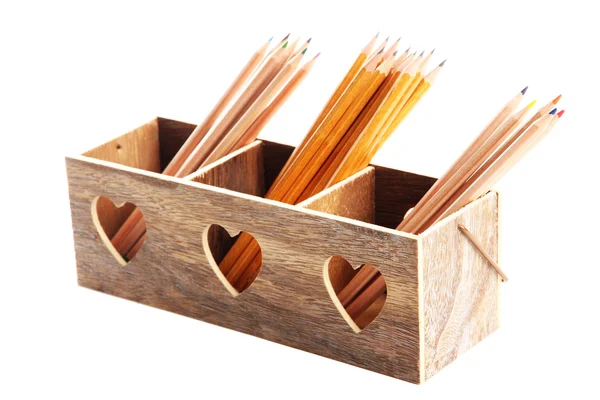 Different pencils in wooden crate, isolated on white — Stock Photo, Image