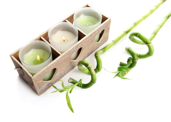 Wooden candlestick with candles and bamboo, isolated on white — Stock Photo, Image