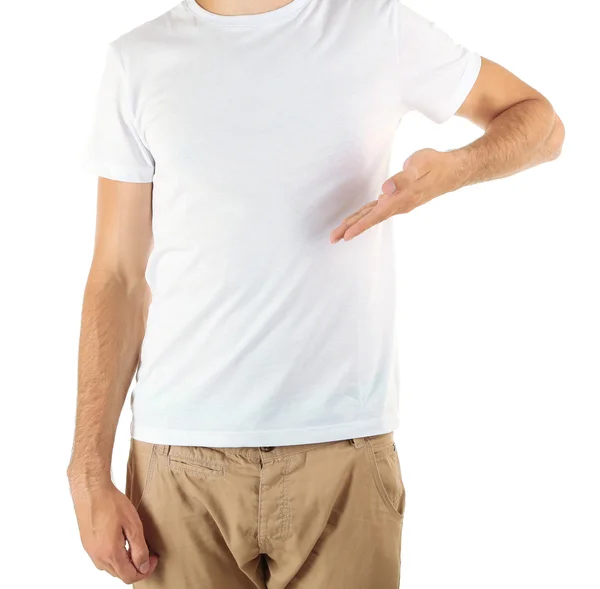 Camiseta sobre joven aislado sobre blanco — Foto de Stock