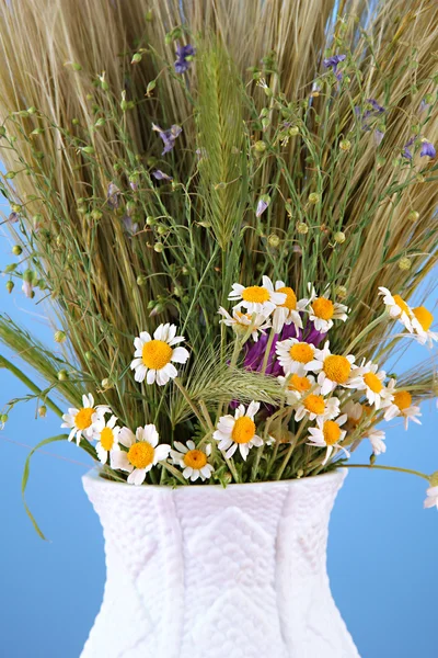Bouquet of wild flowers and herbs, in vase, on color background — Stock Photo, Image