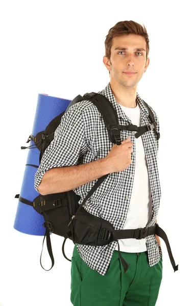 Young hiker man tourist, isolated on white — Stock Photo, Image