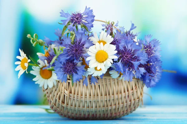 Beautiful bouquet of cornflowers and chamomiles in basket on blue background — Stock Photo, Image