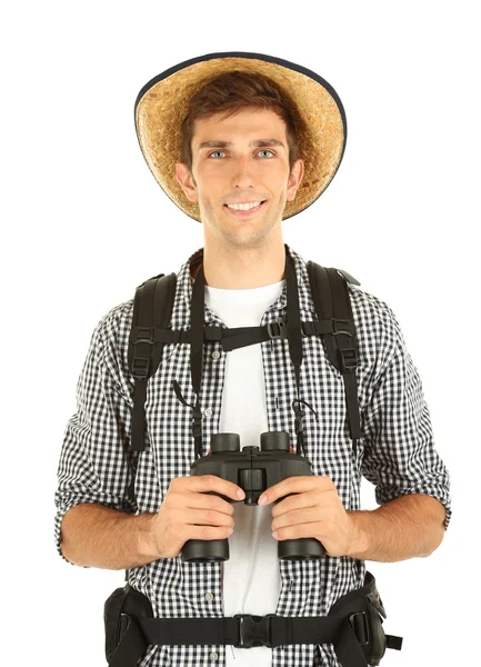 Young hiker man tourist with binocular, isolated on white — Stock Photo, Image