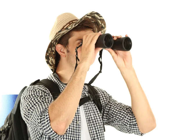 Homem jovem caminhante turista com binocular, isolado em branco — Fotografia de Stock