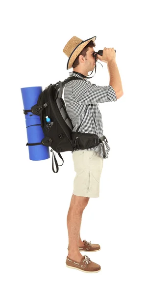 Homem jovem caminhante turista com binocular, isolado em branco — Fotografia de Stock