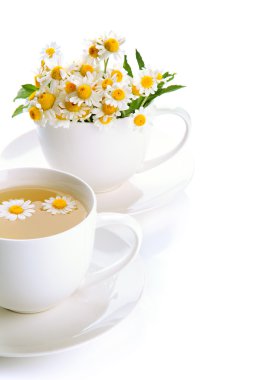 bardak bitkisel çay ve üzerinde beyaz izole vahşi camomiles