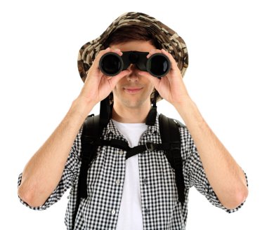 Genç hiker adam turist ile dürbün, üzerinde beyaz izole