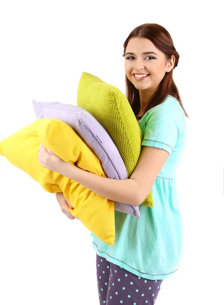 Beautiful young girl with pillows isolated on whit — Stock Photo, Image