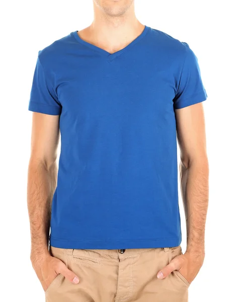 T-shirt üzerine genç adam beyaz izole — Stok fotoğraf