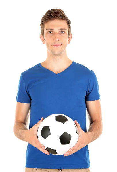 Joven futbolista sosteniendo pelota, aislado en blanco —  Fotos de Stock