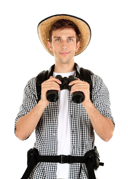 Młody turysta turystyczne człowiek z lornetki, na białym tle — Zdjęcie stockowe