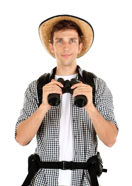 Young hiker man tourist with binocular, isolated on white — Stock Photo, Image