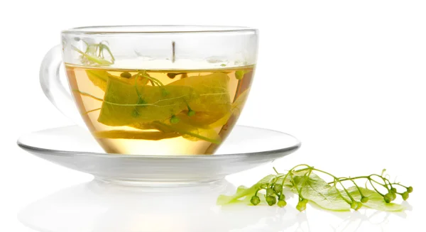 Glass cup of tea with linden isolated on white — Stock Photo, Image