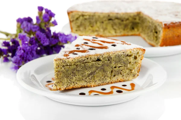 Delicious poppy seed cake isolated on white — Stock Photo, Image