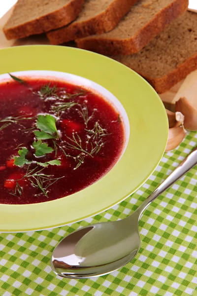 Delicious borsch on table close-up — Stock Photo, Image