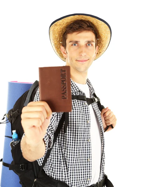 Young hiker man tourist holding passport, isolated on white — Stock Photo, Image