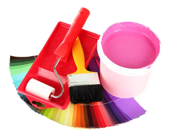 Set for painting: paint pot, brushes, paint-roller and palette of colors isolated on white — Stock Photo, Image