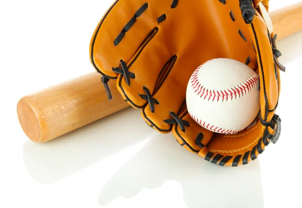 Guante de béisbol, bate y pelota aislados en blanco — Foto de Stock