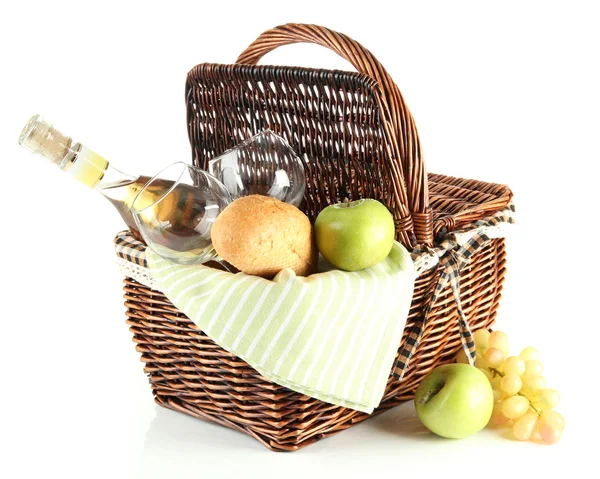 Picnic basket with fruits and bottle of wine, isolated on white — Stock Photo, Image