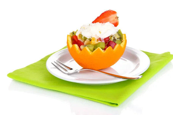 Fruit salad in hollowed-out orange isolated on white — Stock Photo, Image