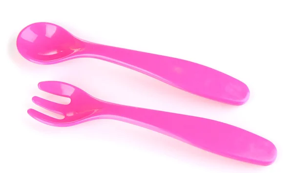 Roze vork en lepel voor babyvoeding geïsoleerd op wit — Stockfoto